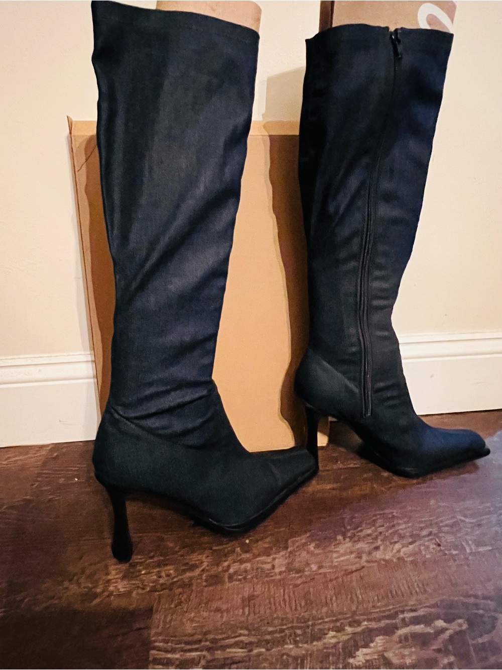 Women's Blue Denim Knee High-Heel Boots